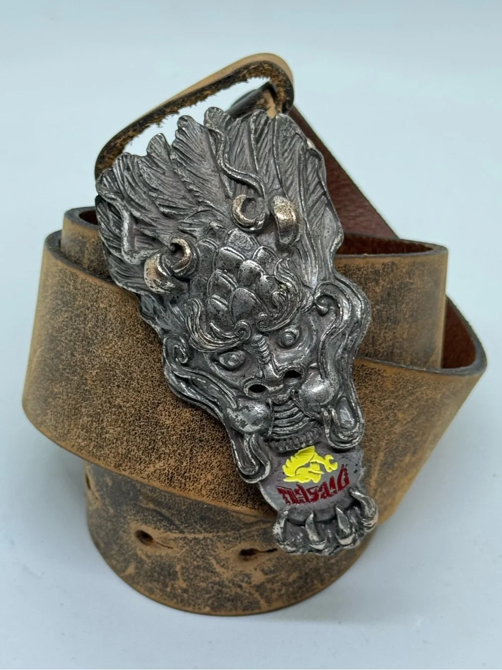 Diesel Distressed Brown Leather Belt with Dragon Buckle Wide Size 95 - Picture 1 of 5